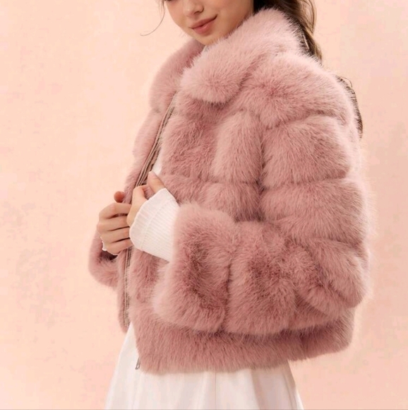 Women Fluffy Patchwork, Horizontal Stripes,Loose Long-Sleeved Fur Collar Jacket - Picture 6 of 6